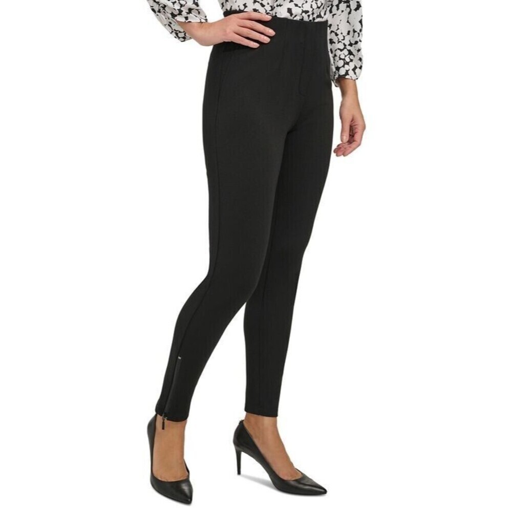 DKNY Women's Ponte Zip-Trim Pants Zips at hems Straight fitted cut Rich Black XL
